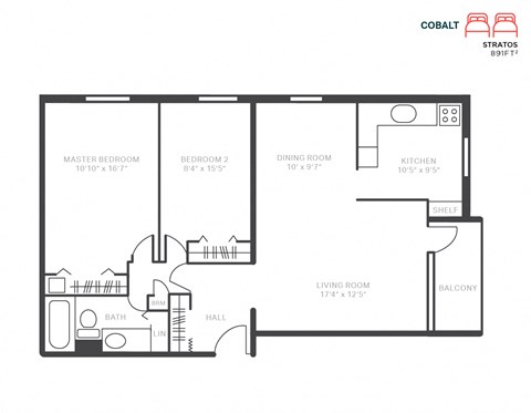 Floor plan for 2 beds, 1 bath, 891 sqft